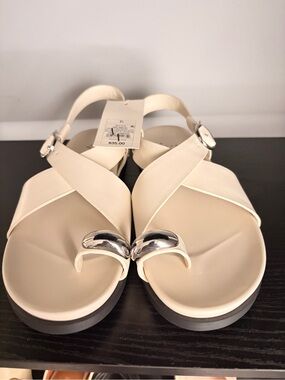 a new day Cream Cross-Strap Sandals with Silver Toe Accent